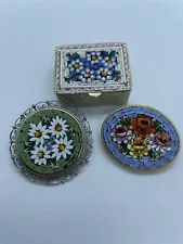 VINTAGE MICRO MOSAIC GLASS TILE JEWELRY LOT FLORAL DESIGN BROOCH, PILL BOX