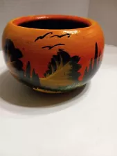 Vintage Mexican Pottery 1970s Handpainted Handmade Landscape Scene Planter