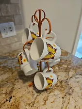 Vintage Porcelain Coffee Tea Cup Set Orange yellow butterflies Metal Tree Stand