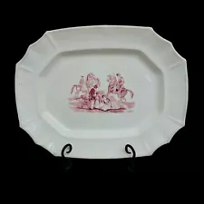 Antique Red Transferware Platter Scene with Horses 1880s 16 x 12" VG Condition