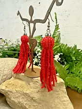 Bold Long RED GLASS SEED BEAD Dangle Vintage Pierced EARRINGS *SALE $1 Ship