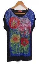 SALE ❀ڿڰۣ❀ BUTLER & WILSON Sequin PEONY FLOWER DESIGN T-Shirt TUNIC TOP Size XXL