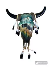 REAL HAND PAINTED COW SKULL ,SOUTHWEST ,SIGNED ,SKULL ,EAGLE , 19" X 20"