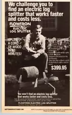 1981 PRINT AD Flowtron Electric Log Splitter Melrose MA Splits Cord Wood 90 Min