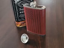 Genuine Leather Wrap 8 oz. Stainless Steel Hip Flask With Funnel US Flag Design