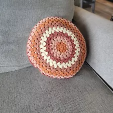 Crocheted Boho Pillow Tassels Brown Orange Doilies Round Throw Couch Retro 1970s