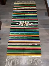 Vtg Mexican Saltillo Serape Blanket Throw Rug Wool EXQUISITE 71x34” + Fringe