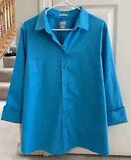 Chicos 3 No Iron Button Up Shirt Chic Stretch Flip Cuff Tranquil Turquoises