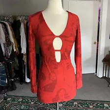 Edikted Bodycon Dress XS Red Mesh Cut Out Mini Long Sleeve Club Party Stretch