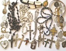 Vtg Rosary Beads Lot Repair Parts Mother Of Pearl Wood Medals Stanhope Crucifix