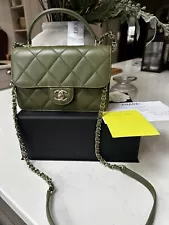 CHANEL Small Flap Bag With Top Handle Green Calfskin Immaculate Receipt