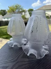 Two Antique Frosted And Etched Victorian Hurricane Lamp Shades