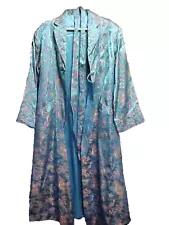 MENS ORIENTAL FULL LENGTH ROBE, AQUA SATIN W/ ORIENTAL DESIGN, BELT L. 46 IN