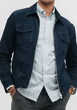 Navy Blue Trucker Jacket Suede Lambskin Soft Leather Luxury Jacket For Men's