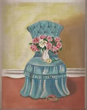 Mary Kay Crowley HP Needlepoint Canvas, Blue Tufted Chair with Vase of Roses