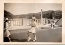 Vintage Photo Majorettes Marching Across Bridge During A Parade Batons Uniforms