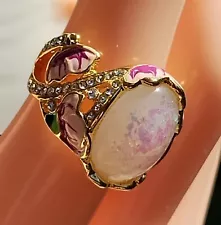 NWT Lovely enamel pink floral opal women's gold-plated ring Vintage look sz 6.5