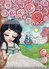 ACEO Original Painting Big Eye Girl Beach Boat Fantasy Outsider art - C Cameron