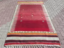 Vintage Turkish Rugs For Sale Wool Tribal Red Kilim Handmade Carpet 52,7"x95,2"