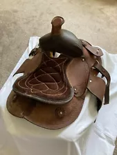 WESTERN HORSE SADDLE-CHILD/YOUTH SIZE 10"-STITCHED SEAT TOOLED LEATHER-GOOD COND