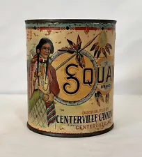 Vtg Squaw Brand Indian Girl Stringless GREEN BEANS Empty Advertising Can Tin