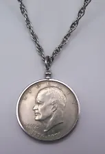 Vintage 1976 Bicentennial Eisenhower 1 Dollar Coin Pendant 30" Chain Necklace