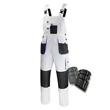 Bib and Brace Overalls MENS WORK TROUSERS Knee Pad Multi Pocket Dungarees WHITE