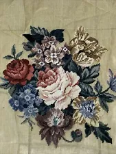 Vtg Antique Needlepoint Pillow / Chair Cover Canvas Unfinished Background Floral