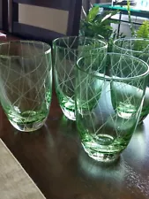 Swirl Etched Design. Hand Blown Green Drinking Glasses. Set Of 4.