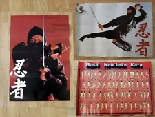 ORIGINAL VINTAGE 1980's x 2 NINJA POSTER + BRUCE LEE NUNCHAKU POSTER SHO KOSUGI