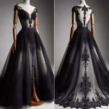 Gothic Black Deep V Neck Wedding Dresses with White Lining A Line Bridal Gowns