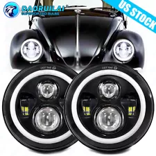 For 1950-1979 VW Beetle Pair 7" Inch Round LED Headlights Hi/Low Beam Halo DRL