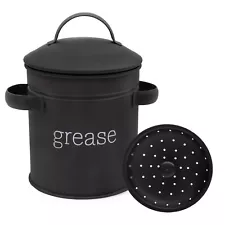 Black Enamelware Grease Container w/Strainer, Farmhouse Style Kitchen StorageTin