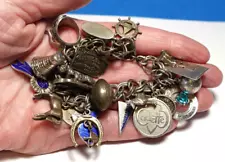 STERLING SILVER CHARM BRACELET VINTAGE 23 CHARMS 7" MIXED THEMES 65 GRAMS