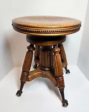 Antique Piano Stool Claw Feet Swivel Carved Legs Bead Trim Heavy "AS IS"