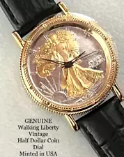 Walking Liberty US Silver Half Dollar 1942 Mens Watch Brown Genuine Leather Band