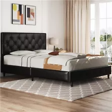 Used Queen Faux Leather Platform Bed Frame, Tufted Upholstered Headboard, Black