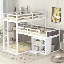 L-Shaped Triple Bunk Bed, Solid Wood Twin Bunk Bed with Storage Cabinet and Blac