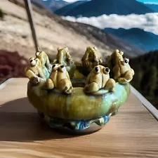 Vintage Majolica 8 Frogs Glazed Art Pottery Planter Bowl Bonsai Succulent Dish