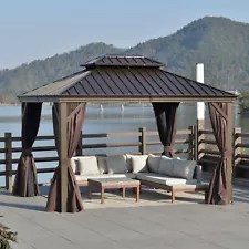 12' x 10' Patio Gazebo, Mesh Curtains, Double Vented Steel Roof, Aluminum Brown