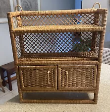 Vintage Shabby Chic Wall Hanging Wicker Shelf w/ 2 Doors & Hanging Rod 19x16x5