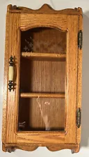 Vintage Solid Oak Wood Etched Glass Front Wall Curio Display Cabinet 25x11.5x6