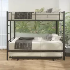 Twin Over Twin Metal Bunk Bed with Trundle Steel Bed Frames For Home School Dorm