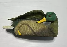 Hand Painted Mallard Drake Resin Duck Decoy Figurine Preening Wing 11” Long