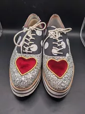 Betsey Johnson Walker Oxford Shoe Size 9.5 Platform Velvet Heart Silver Sparkles