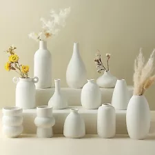 Set of 12 White Ceramic Bud Vases for Pampas Grass Flowers, Japandi Small Vases