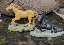 Gorgeous Lazy Black Stallion and Brown Horse Trotting Figurines