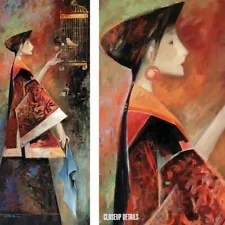 20W"x50H" BIRDCAGE by JU-HONG CHEN - ASIAN LADY WOMAN BIRDIE CHOICES of CANVAS