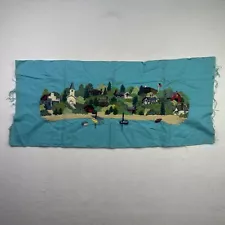 Vtg Crewel Embroidery Seaside Beach Village Trees Unframed Blue Fabric 32"x14"