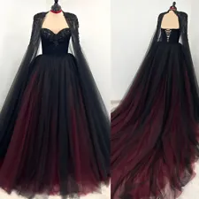 Gothic Black and Red Sweetheart Wedding Dresses with Cape Appliques Bridal Gown